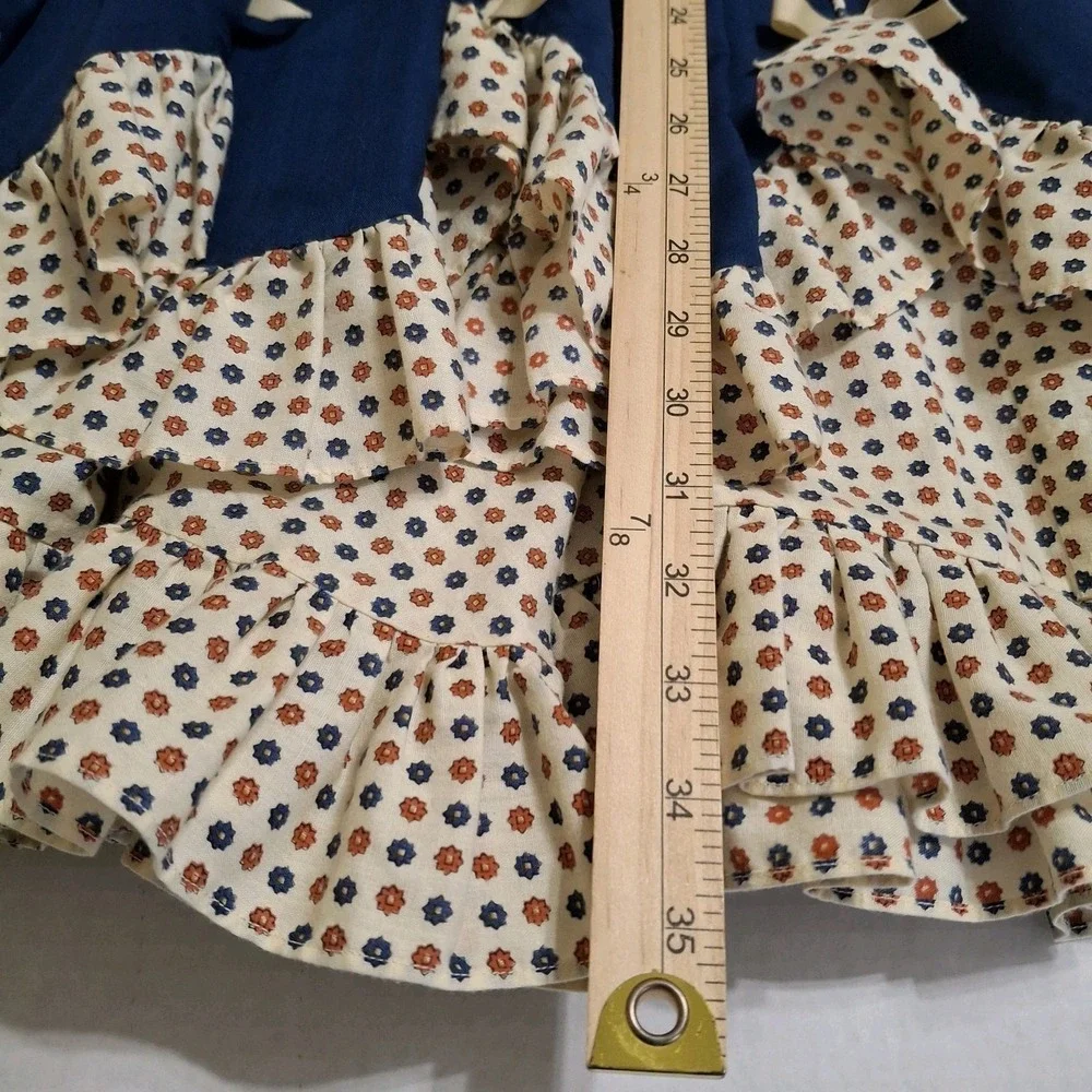 Handmade Girl Dress Size 16 Navy Floral   Short Puff Sleeve Ruffled Bows Country